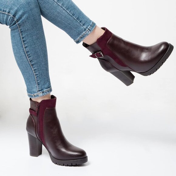 Women's Burgundy Ankle Boots Chunky Stacked Heel Side Zipper Classic Boots - Picture 2 of 6